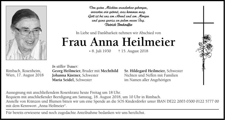 Traueranzeige Anna Heilmeier