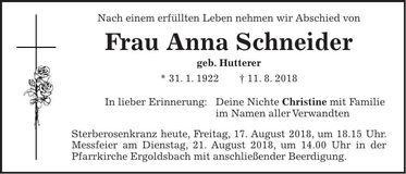 Traueranzeige Anna Schneider