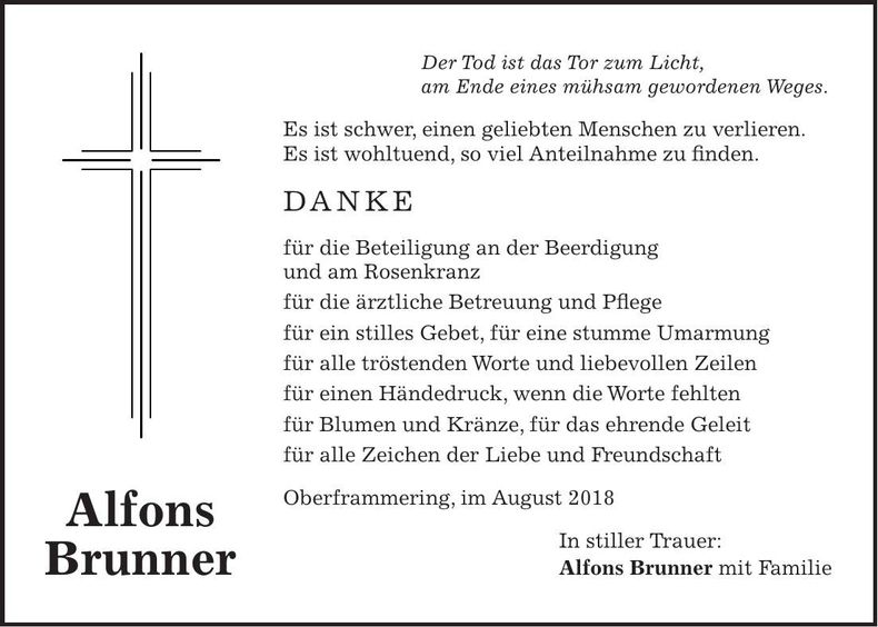 Traueranzeige Alfons Brunner