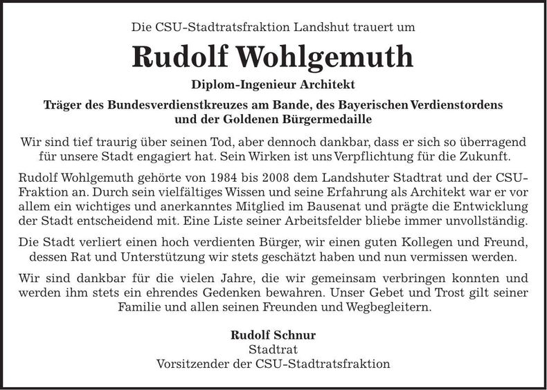 Traueranzeige Rudolf Wohlgemuth