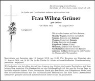 Traueranzeige Wilma Grüner