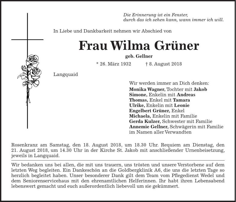 Traueranzeige Wilma Grüner