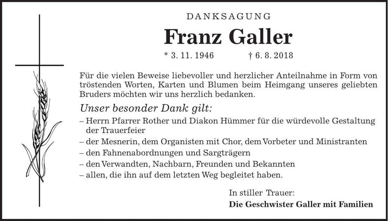 Traueranzeige Franz Galler