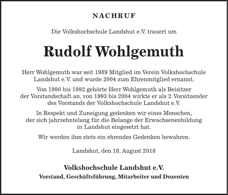 Traueranzeige Rudolf Wohlgemuth