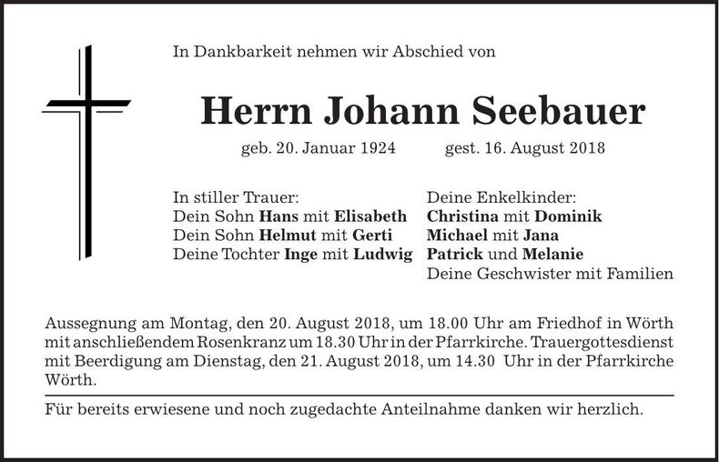 Traueranzeige Johann Seebauer