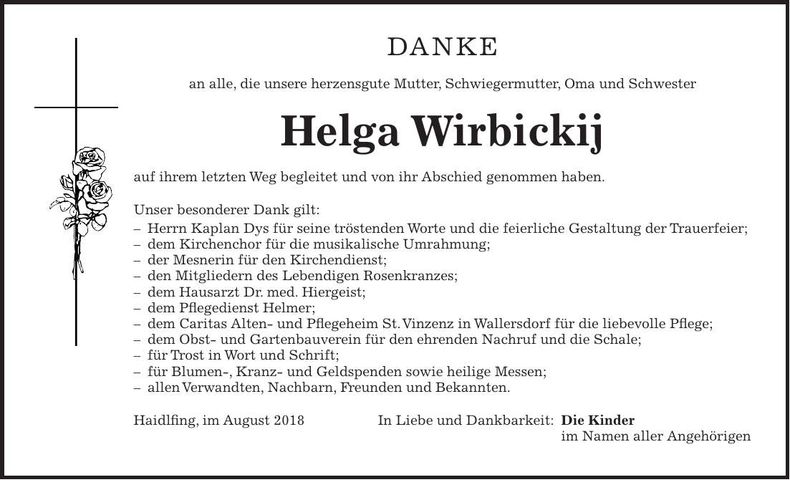 Traueranzeige Helga Wirbickij