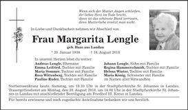 Traueranzeige Margarita Lengle