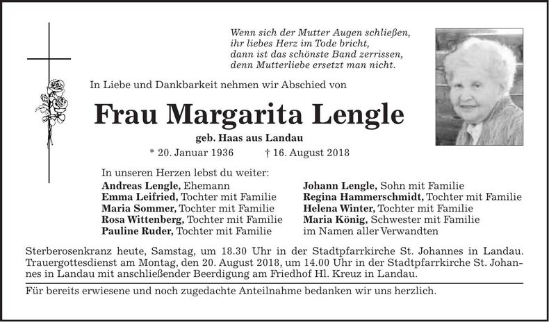 Traueranzeige Margarita Lengle