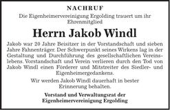 Traueranzeige Jakob Windl