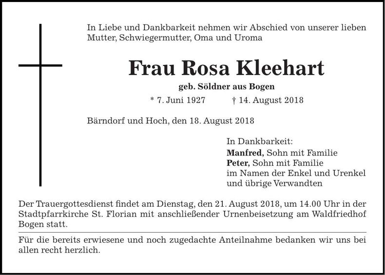 Traueranzeige Rosa Kleehart