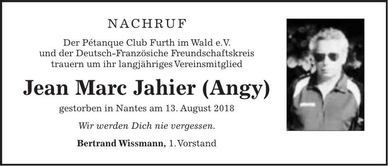 Traueranzeige Jean Marc Jahier