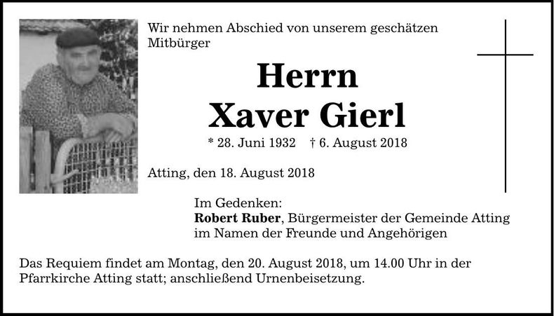 Traueranzeige Xaver Gierl