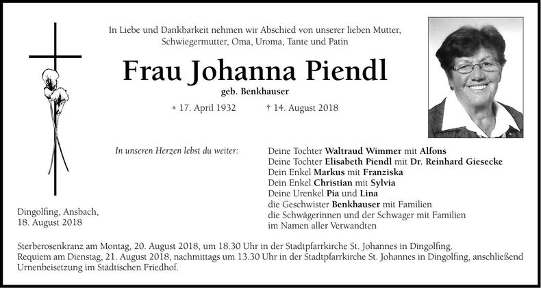 Traueranzeige Johanna Piendl