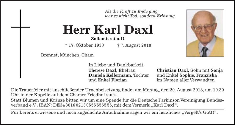 Traueranzeige Karl Daxl