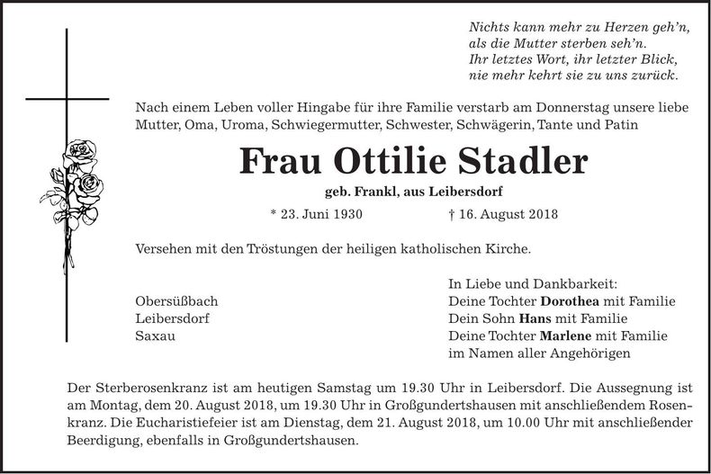 Traueranzeige Ottilie Stadler