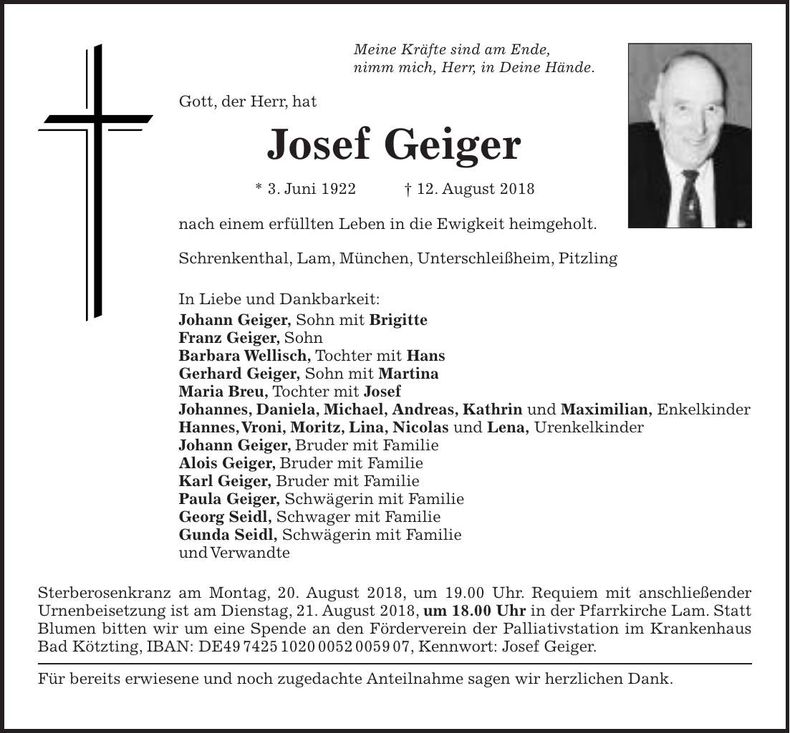 Traueranzeige Josef Geiger