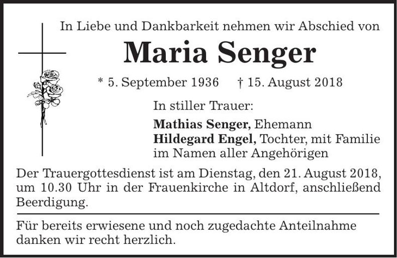 Traueranzeige Maria Senger