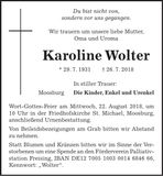 Traueranzeige Karoline Wolter