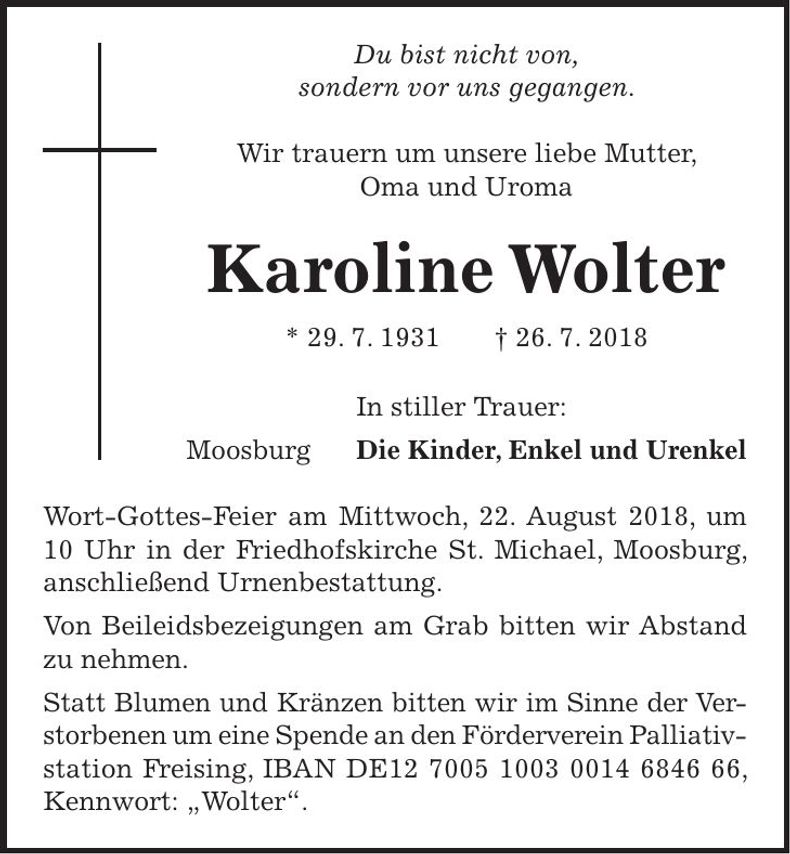 Traueranzeige Karoline Wolter