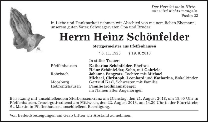 Traueranzeige Heinz Schönfelder