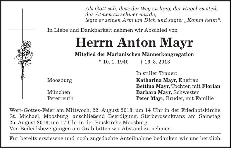 Traueranzeige Anton Mayr