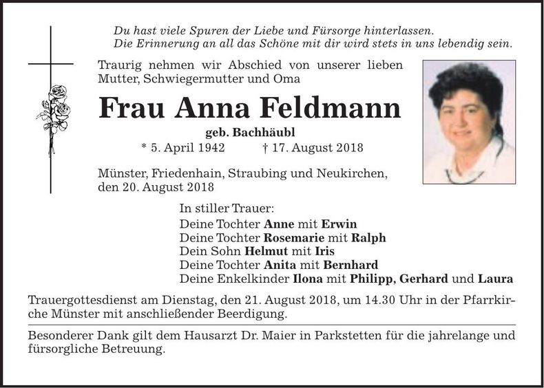 Traueranzeige Anna Feldmann