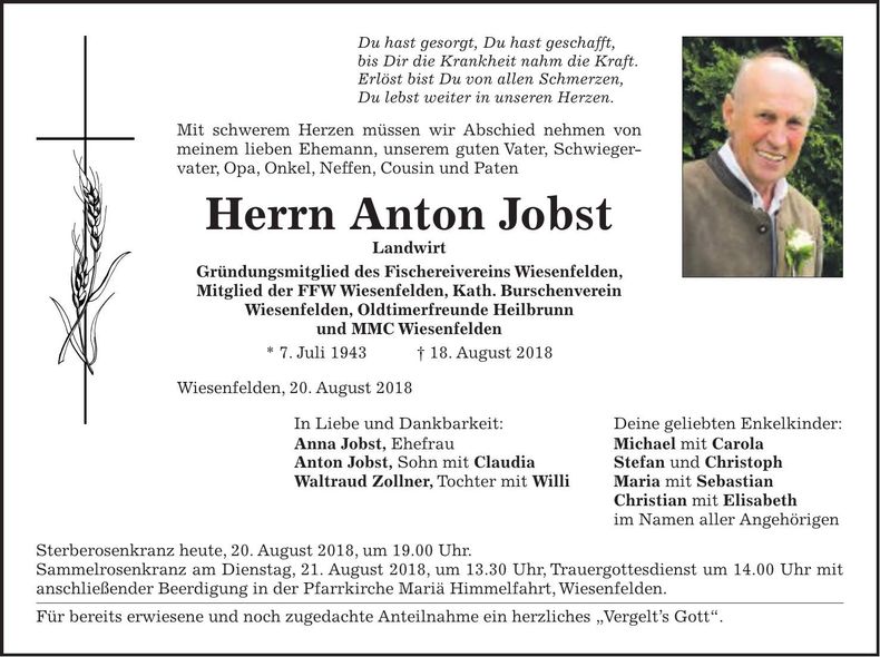 Traueranzeige Anton Jobst