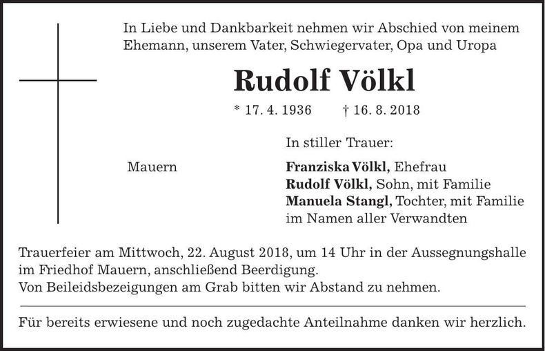 Traueranzeige Rudolf Völkl