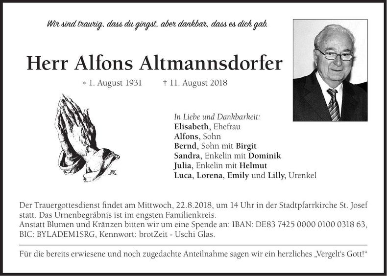 Traueranzeige Alfons Altmannsdorfer
