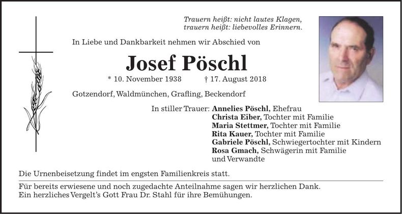 Traueranzeige Josef Pöschl