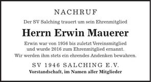 Traueranzeige Erwin Mauerer