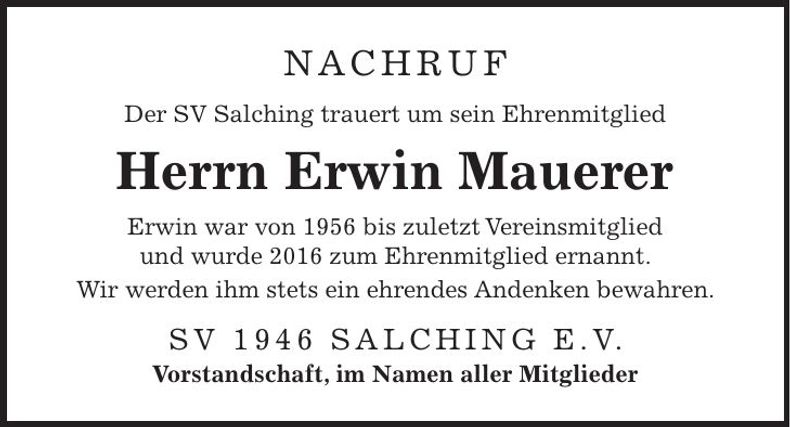 Traueranzeige Erwin Mauerer