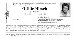 Traueranzeige Ottilie Hirsch