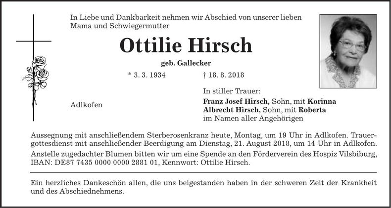 Traueranzeige Ottilie Hirsch