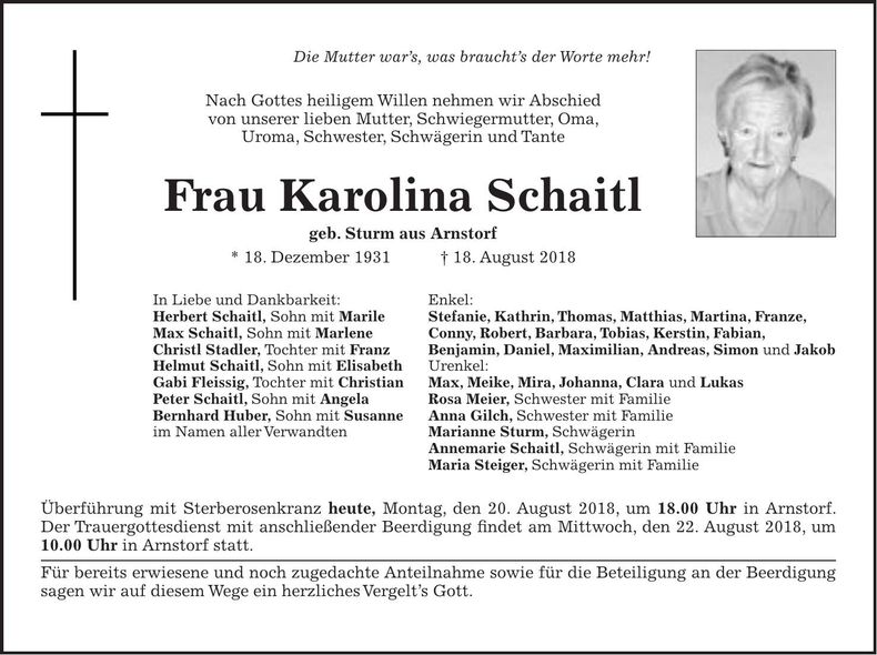 Traueranzeige Karolina Schaitl