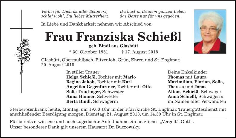 Traueranzeige Franziska Schießl