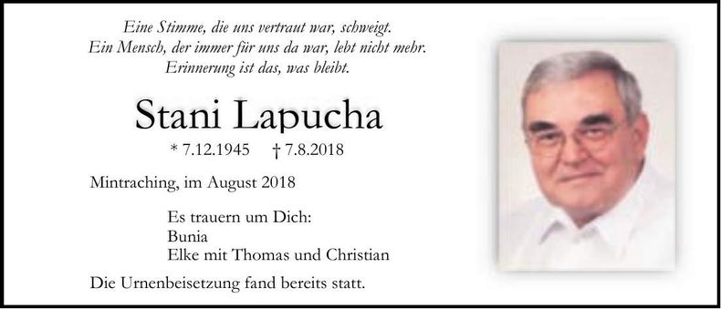 Traueranzeige Stani Lapucha