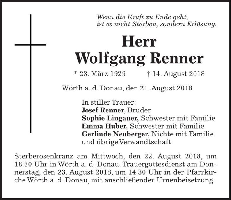 Traueranzeige Wolfgang Renner