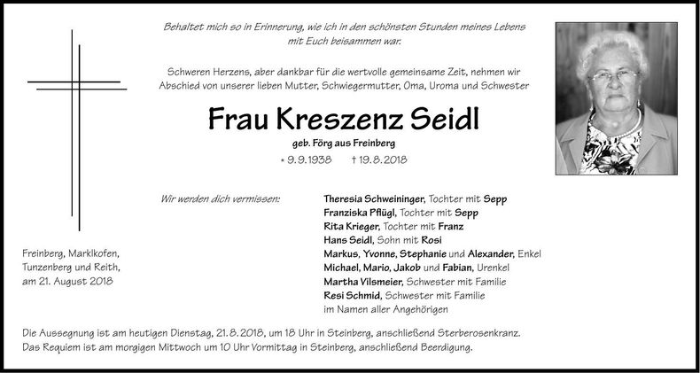Traueranzeige Kreszenz Seidl
