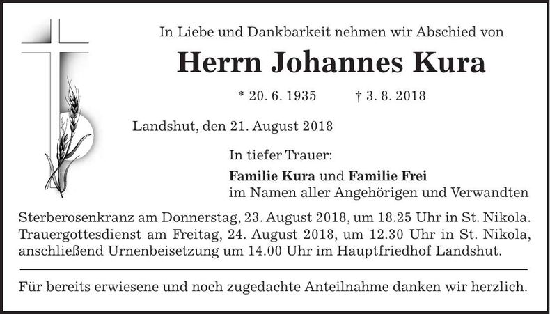 Traueranzeige Johannes Kura