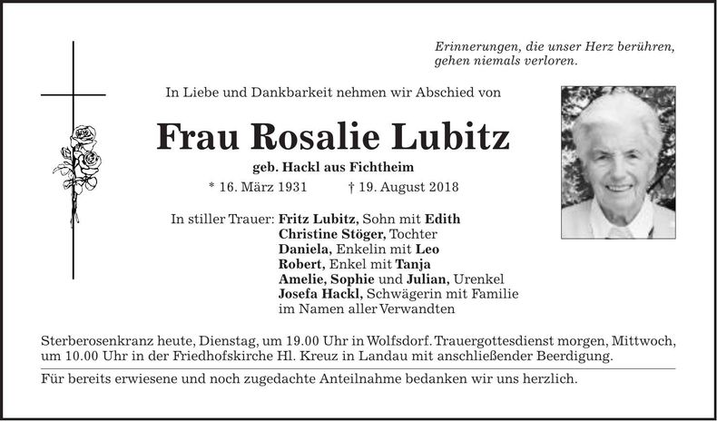 Traueranzeige Rosalie Lubitz