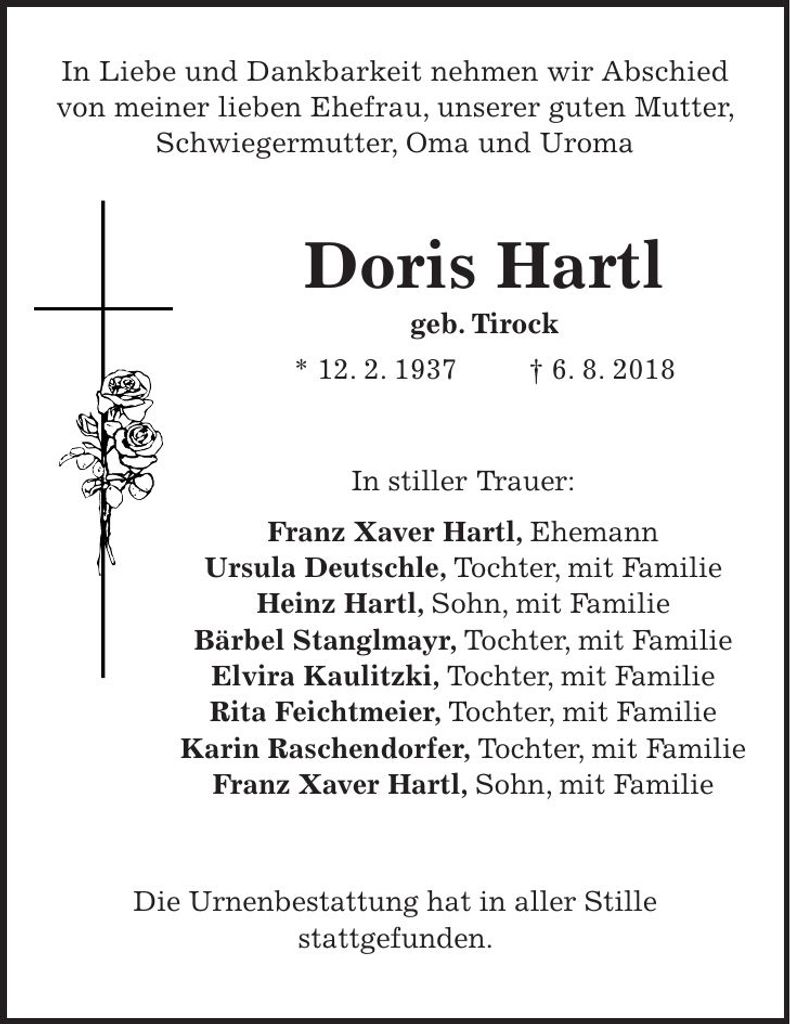 Traueranzeige Doris Hartl