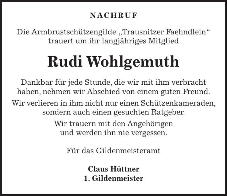 Traueranzeige Rudi Wohlgemuth