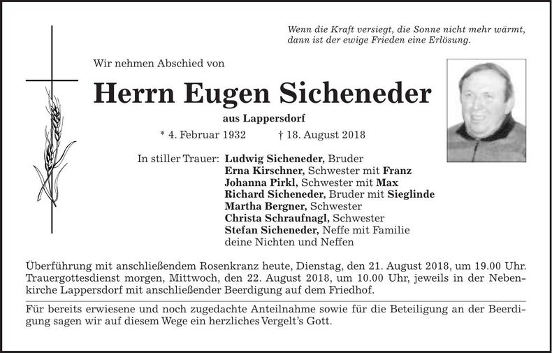 Traueranzeige Eugen Sicheneder