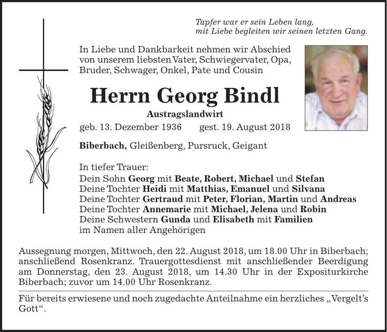 Traueranzeige Georg Bindl