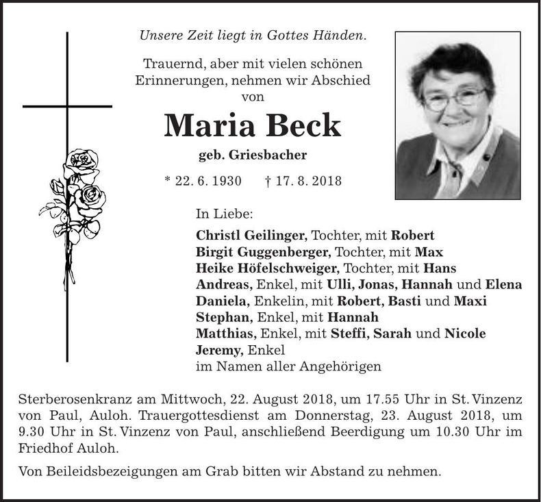 Traueranzeige Maria Beck