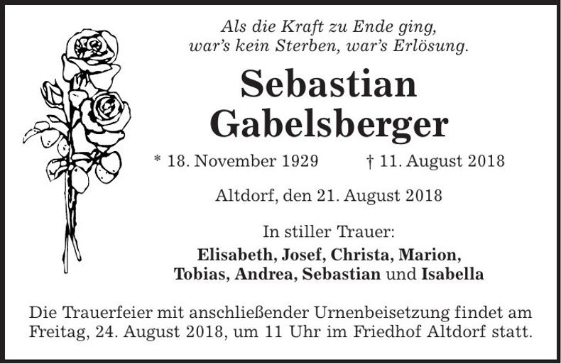 Traueranzeige Sebastian Gabelsberger