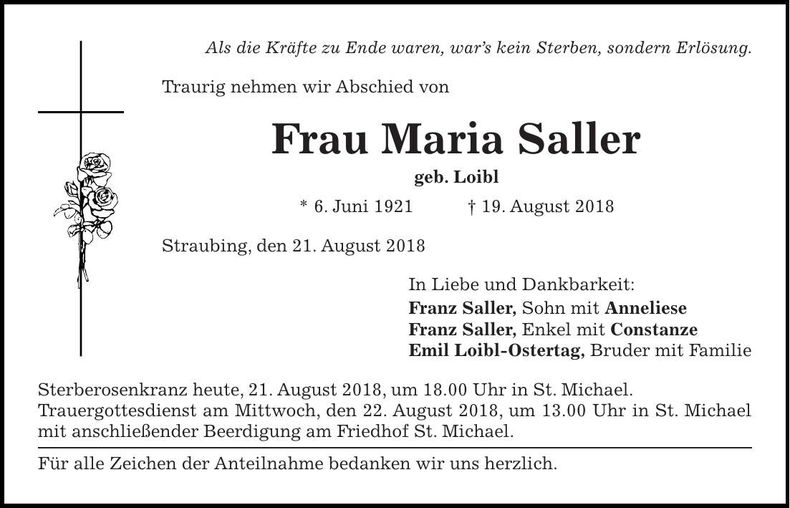 Traueranzeige Maria Saller