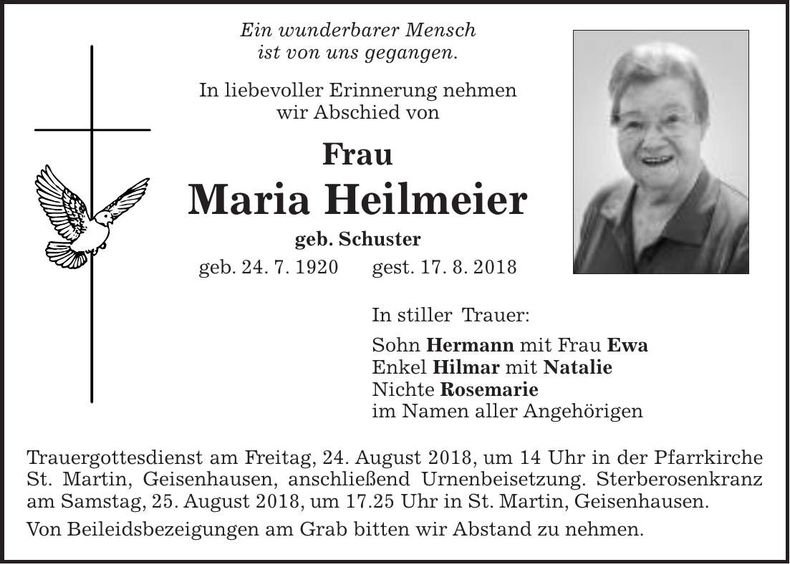 Traueranzeige Maria Heilmeier