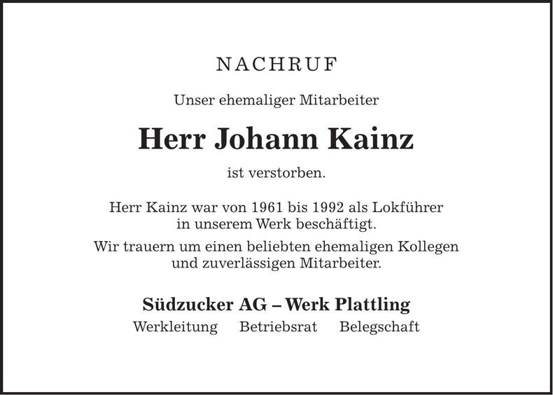 Traueranzeige Johann Kainz